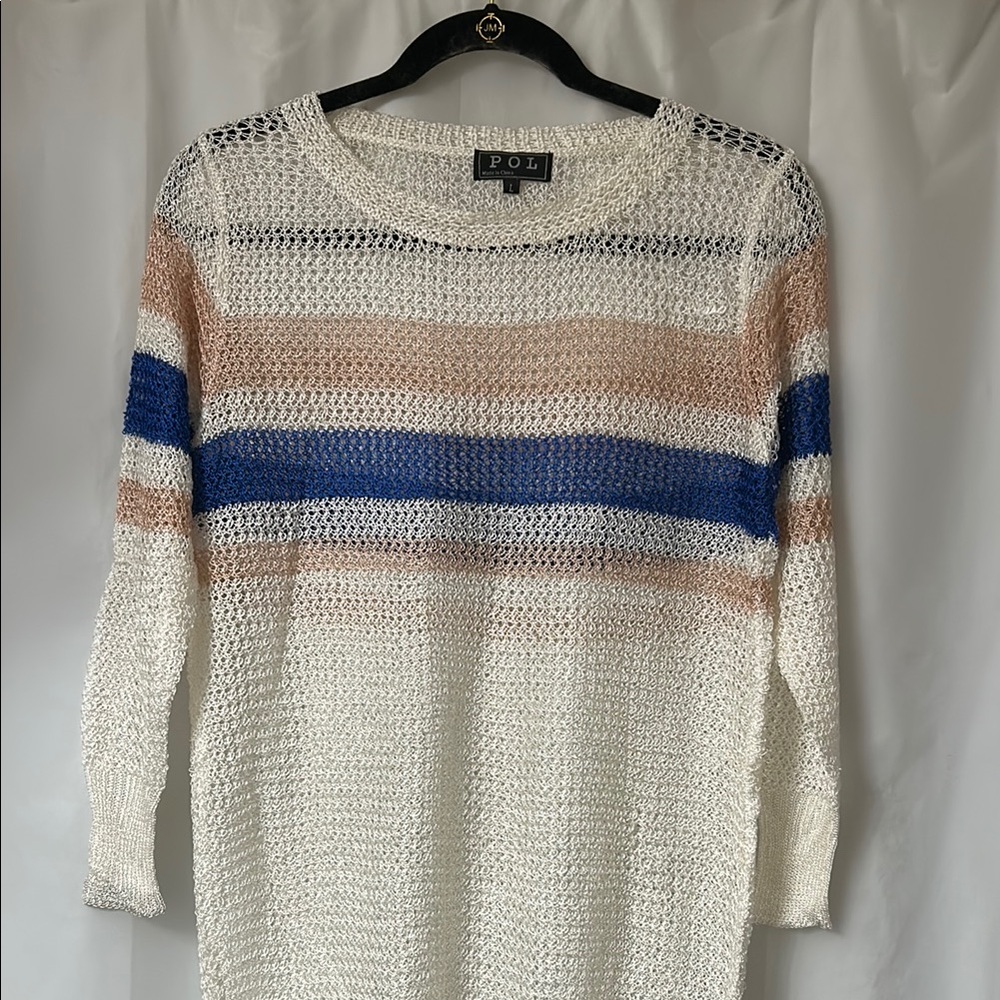 POL  new Women's Multicolor chocheted look‎ Striped light weight Sweater. Sz L - Picture 2 of 5